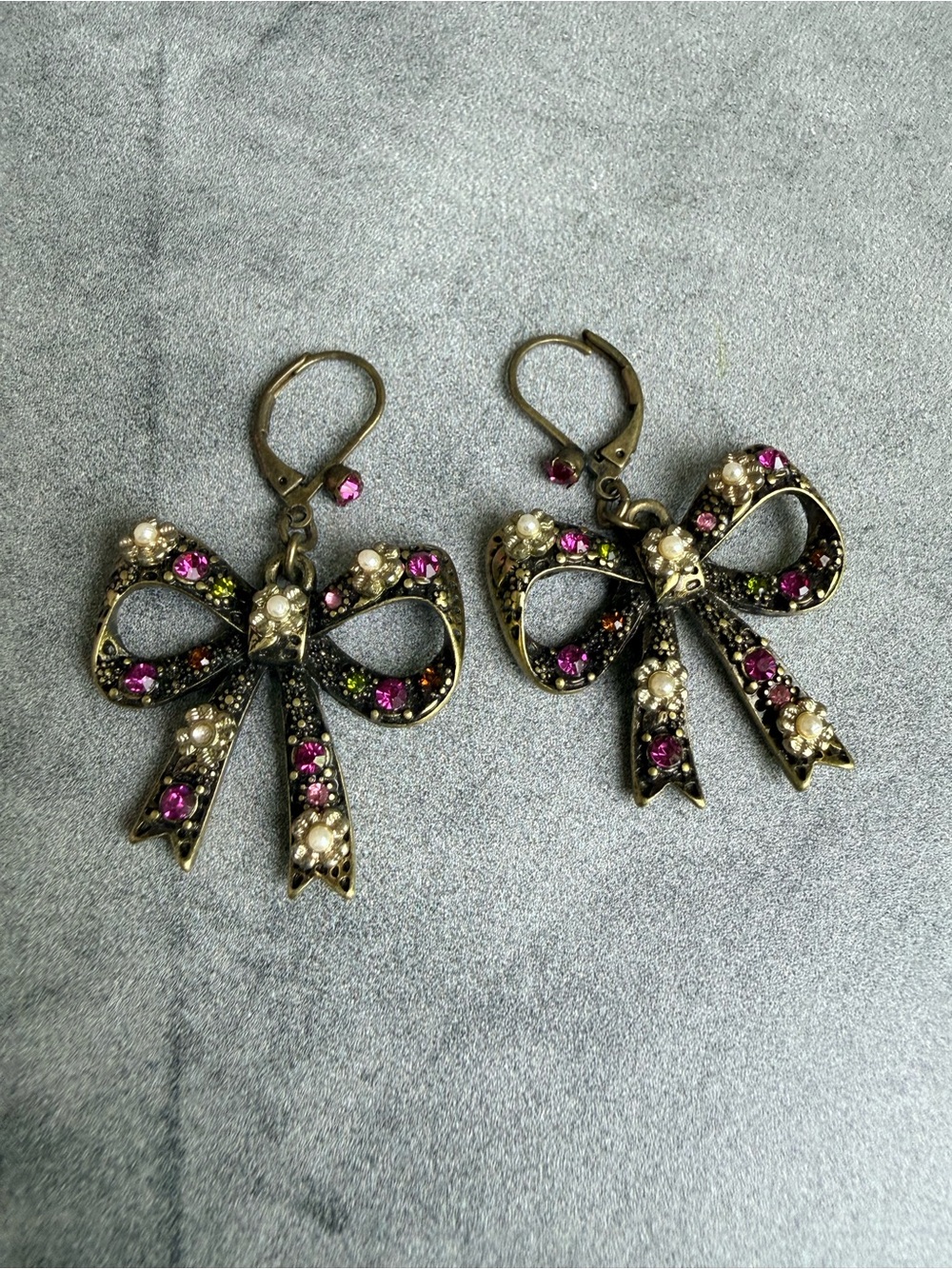Betsey Johnson Antique Gold Bow Earrings with Pink, Pearl & Green Accents